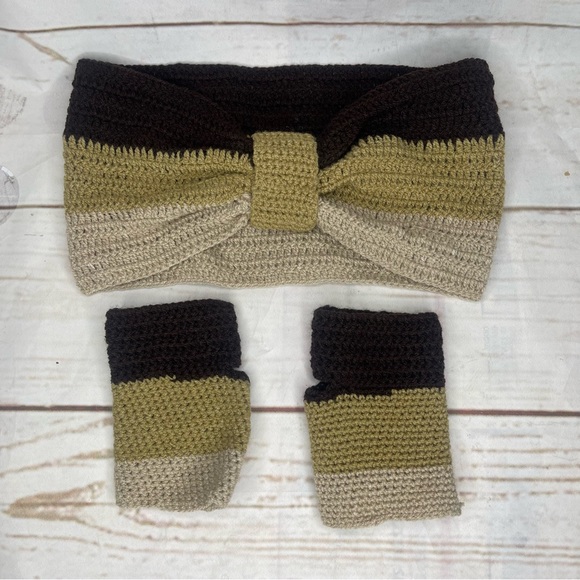 Handmade • Crochet Set • Headband & Fingerless Gloves • Brown Shades • W…